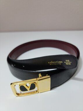 Valentino V Logo Belt Black Leather Gold Buckle Women’s Large 39–40”